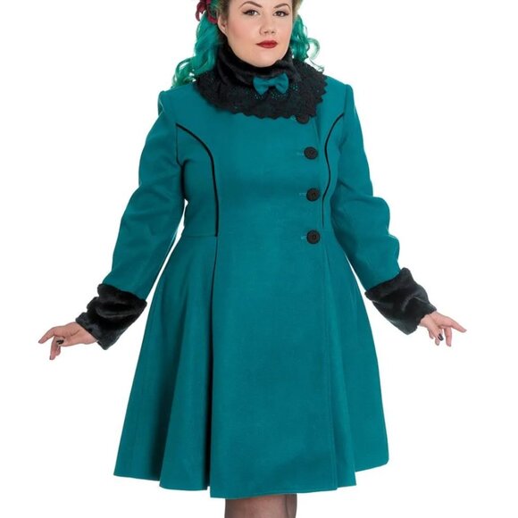 Hellbunny Jackets & Blazers - Vintage Teal Blue Lace Collar Faux Fur Suede Dress Coat
